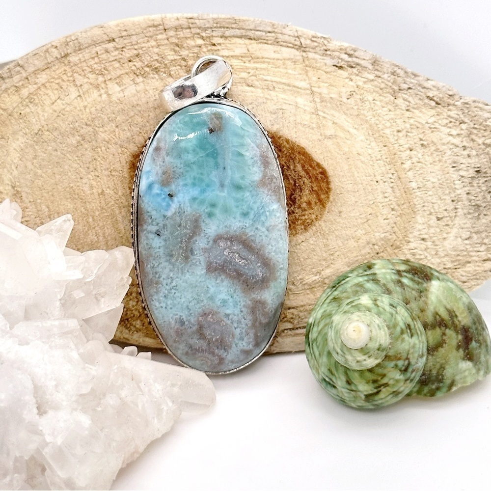 Huge Larimar Natural Gemstone Silver Pendant Necklace